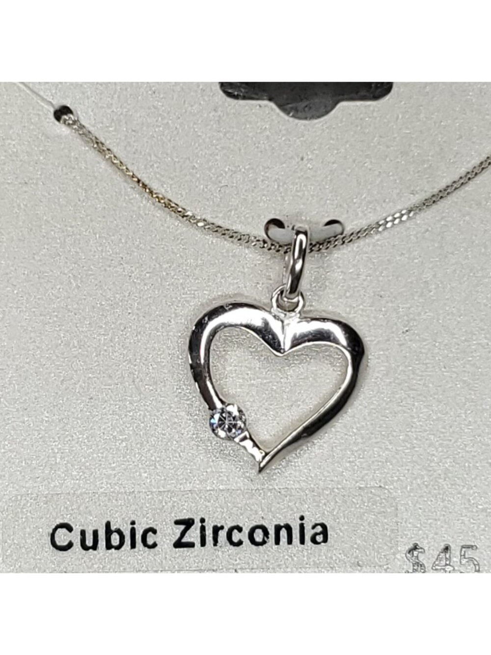 Sterling Silver CZ Heart Pendant Necklace Dainty 16"